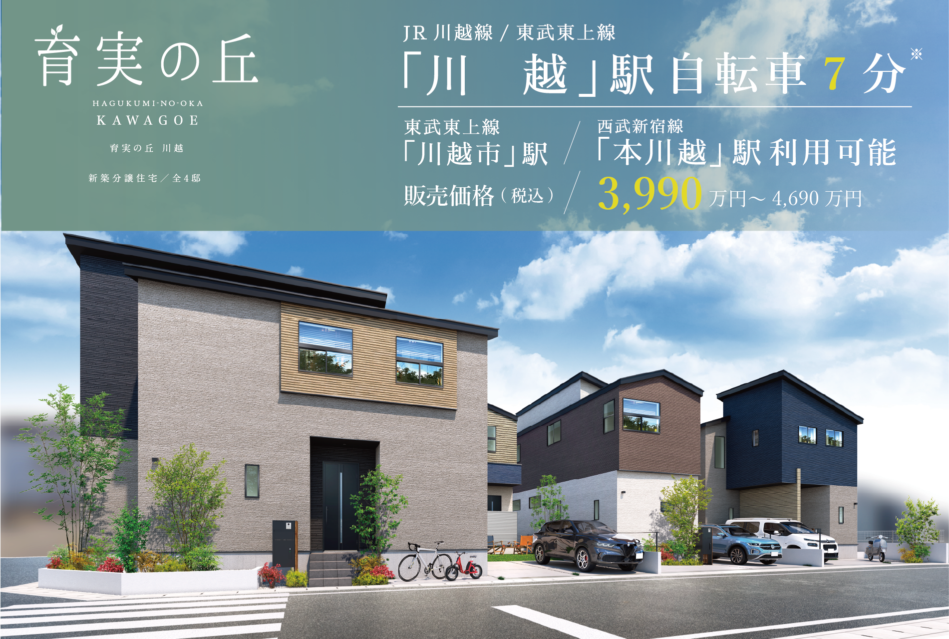 ※外観パースは図面をもとに描き起こしたもので、実際とは多少異なります。※自転車分数は 川越駅(2,170m)までの実測です。