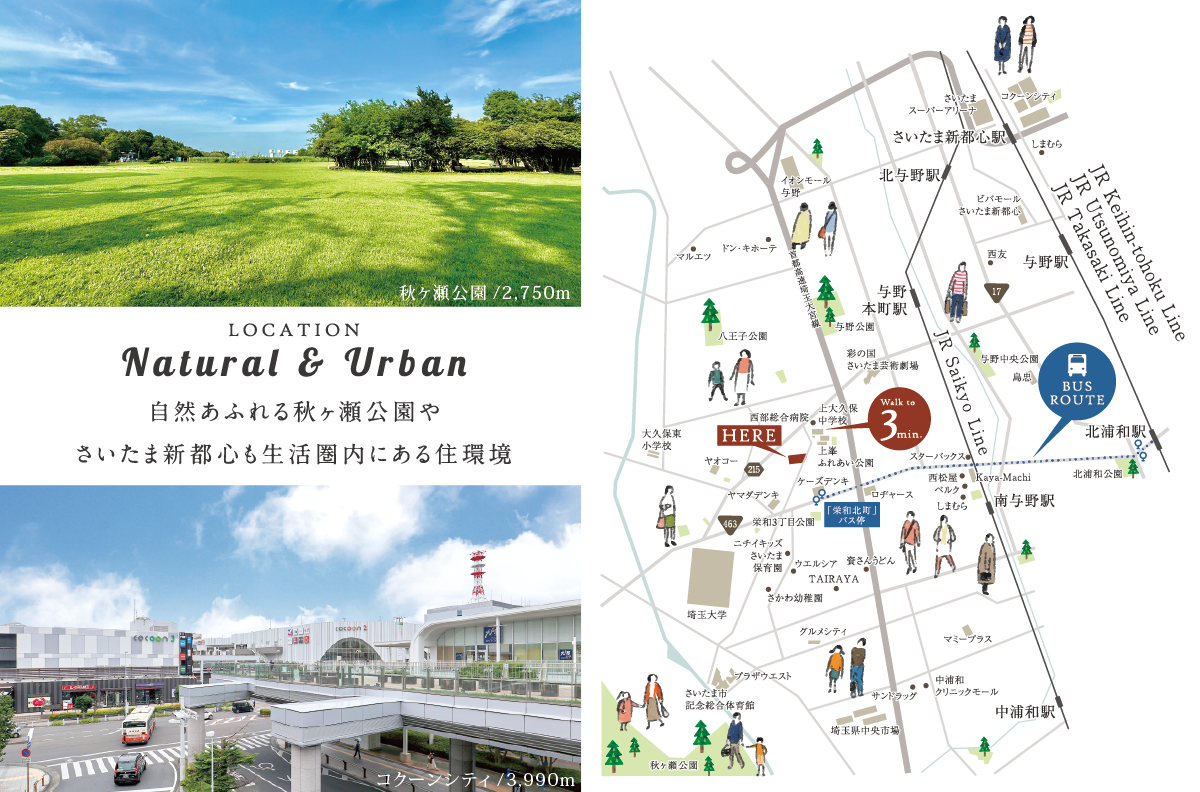 ※分数・距離は、すべて街区内の最も遠い号棟を起点に計測したものです。<br>※徒歩での所要時間は80m=1分の概算です。