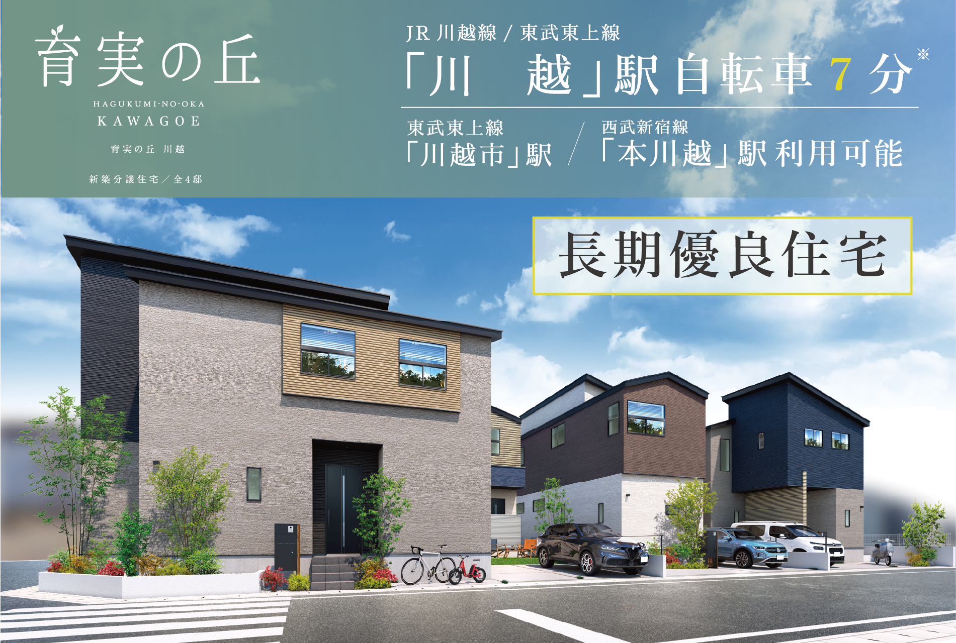 ※外観パースは図面をもとに描き起こしたもので、実際とは多少異なります。※自転車分数は 川越駅(2,170m)までの実測です。